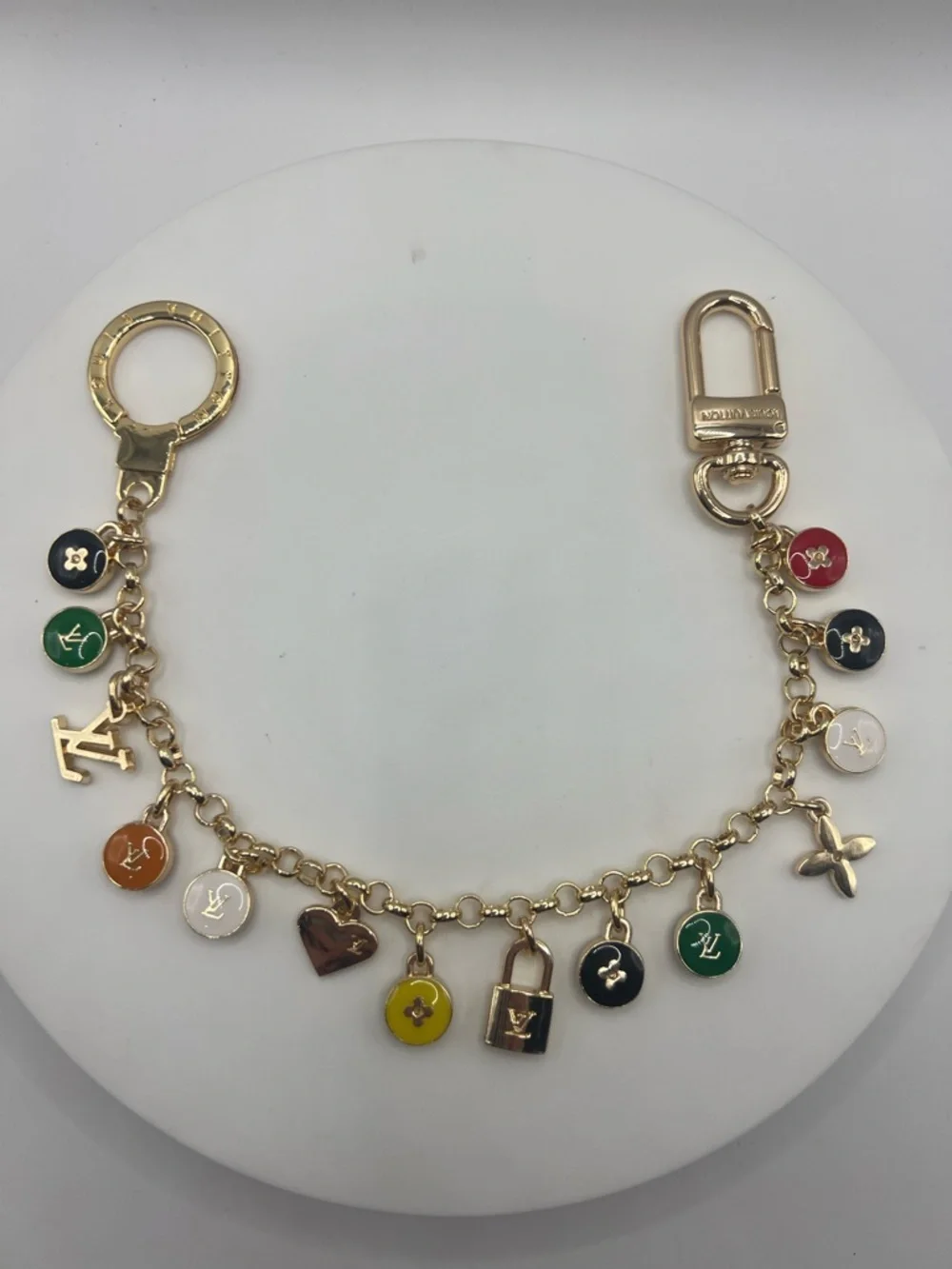 1417. Gold Tone Bag Chain with Multicolor Enamel Skittles. 12”